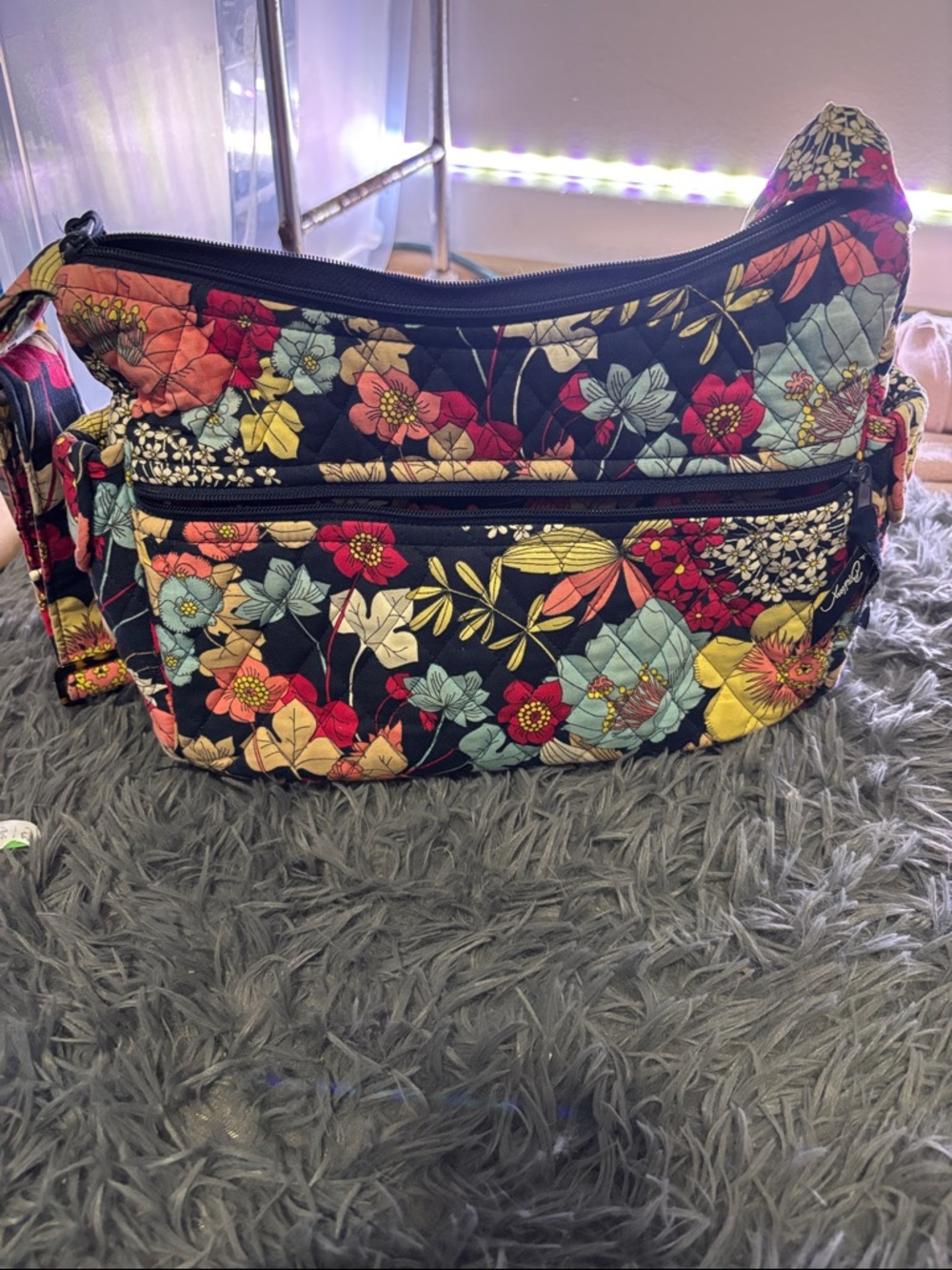 Vera Bradley Black Floral Quilted Crossbody Bag with Red, Yellow & Blue Flowers
